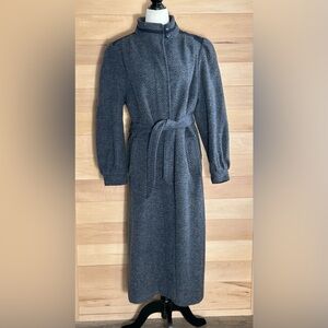Electre Paris Long Sleeve Blue Dress Coat Herringbone Belted waist Vintage Warm
